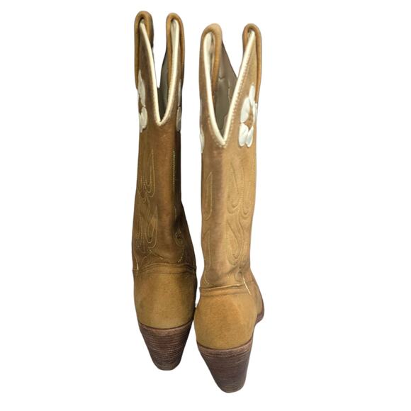 Vintage ACME Cowboy Boots Suede Flower Tan Rockabilly Daisy 60s 70s W 7 USA - Picture 7 of 9